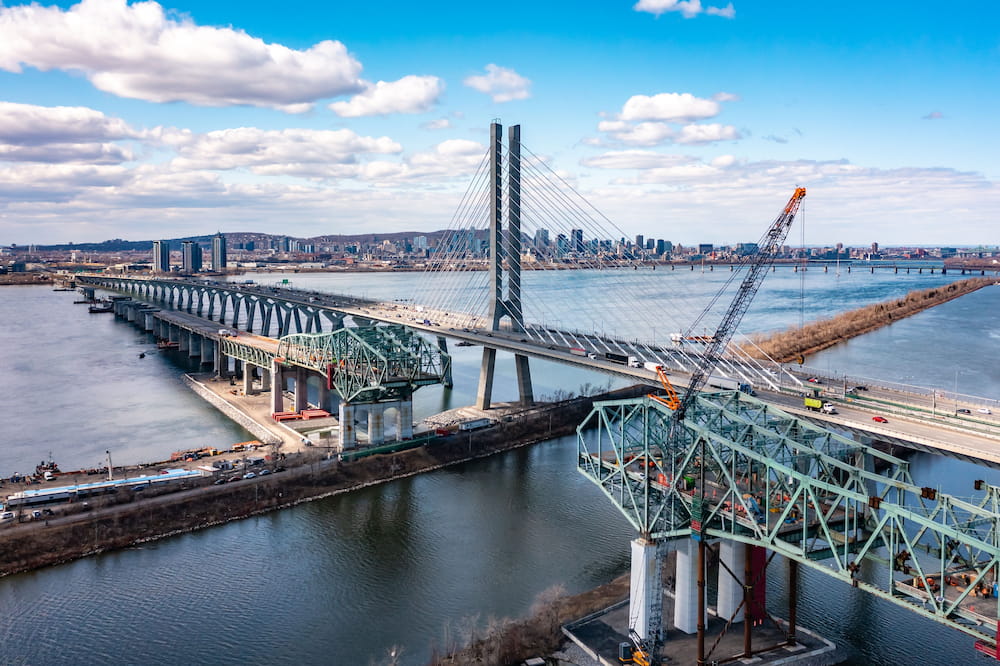 High-angle view of the Champlain Bridge undergoing deconstruction in Brossard, Canada.